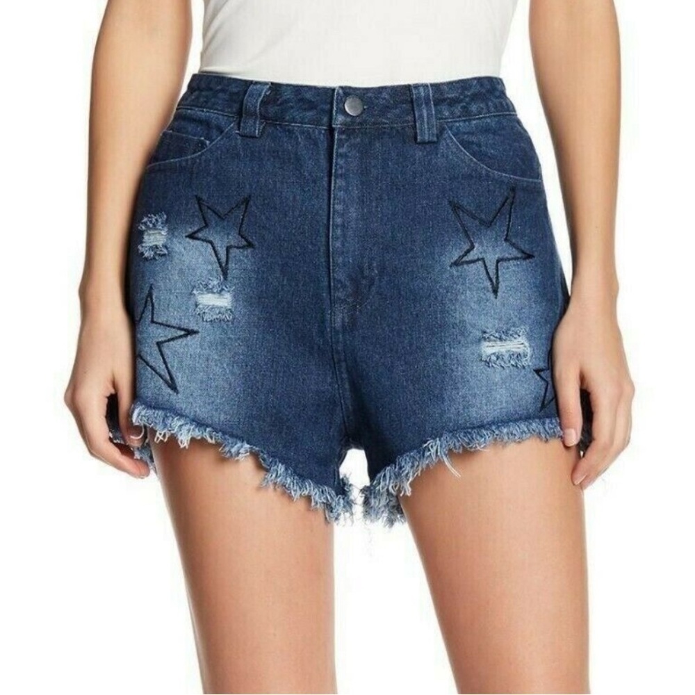 ♥️Lush Denim Med Blue Distressed Cutoff High Rise Shorts Embroidered Stars Sml